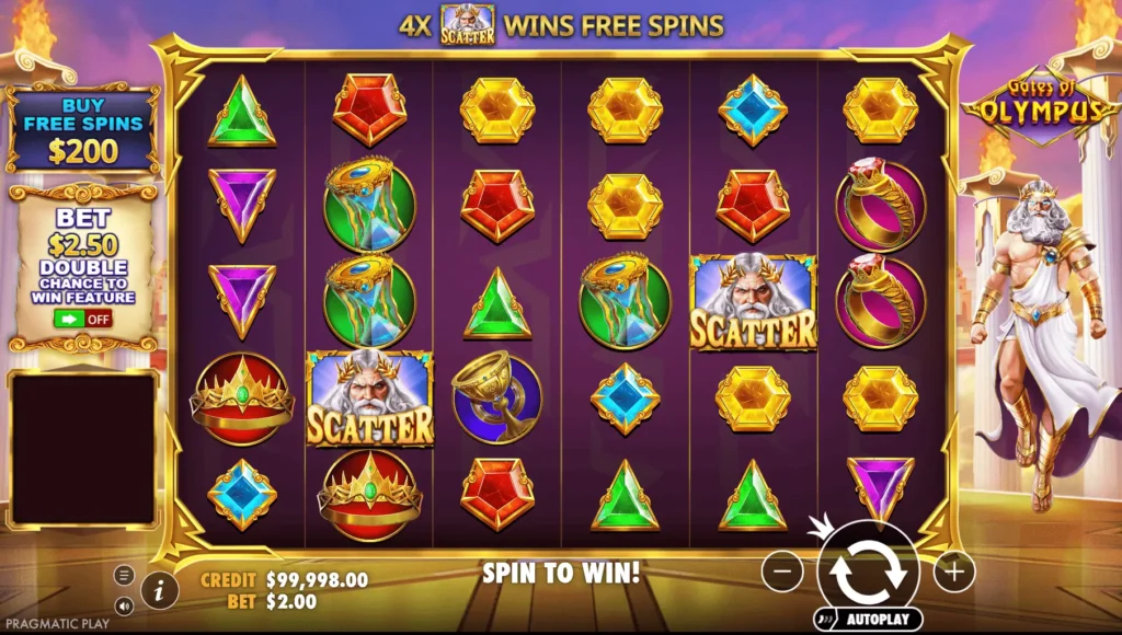 ოლიმპოსის კარიბჭის დემო სლოტის ინტერფეისი ზეუსის პერსონაჟითა და ძვირფასი ქვების სიმბოლოებით.